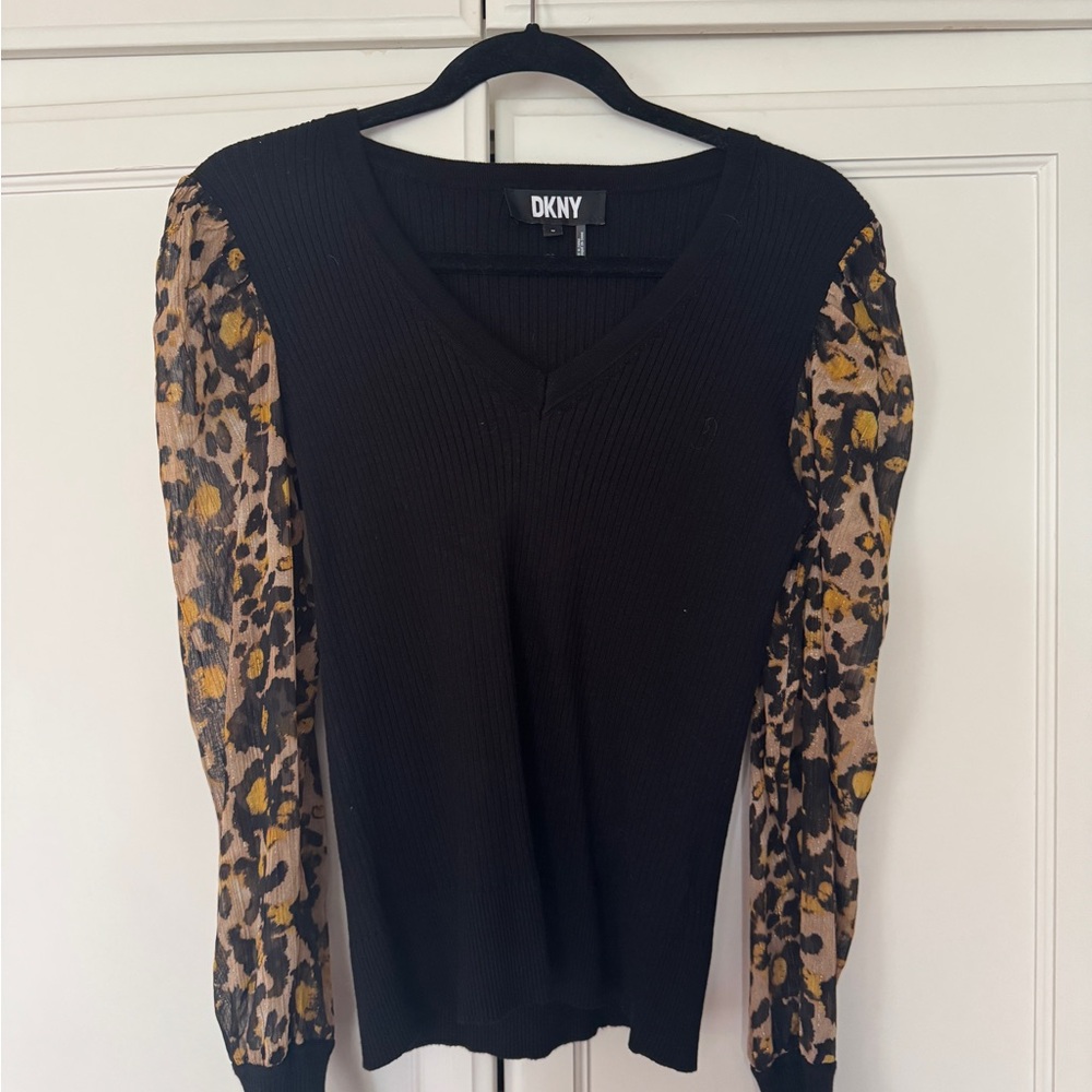 DKNY Black Ribbed Top with Chiffon Cheetah Glitter Sleeves